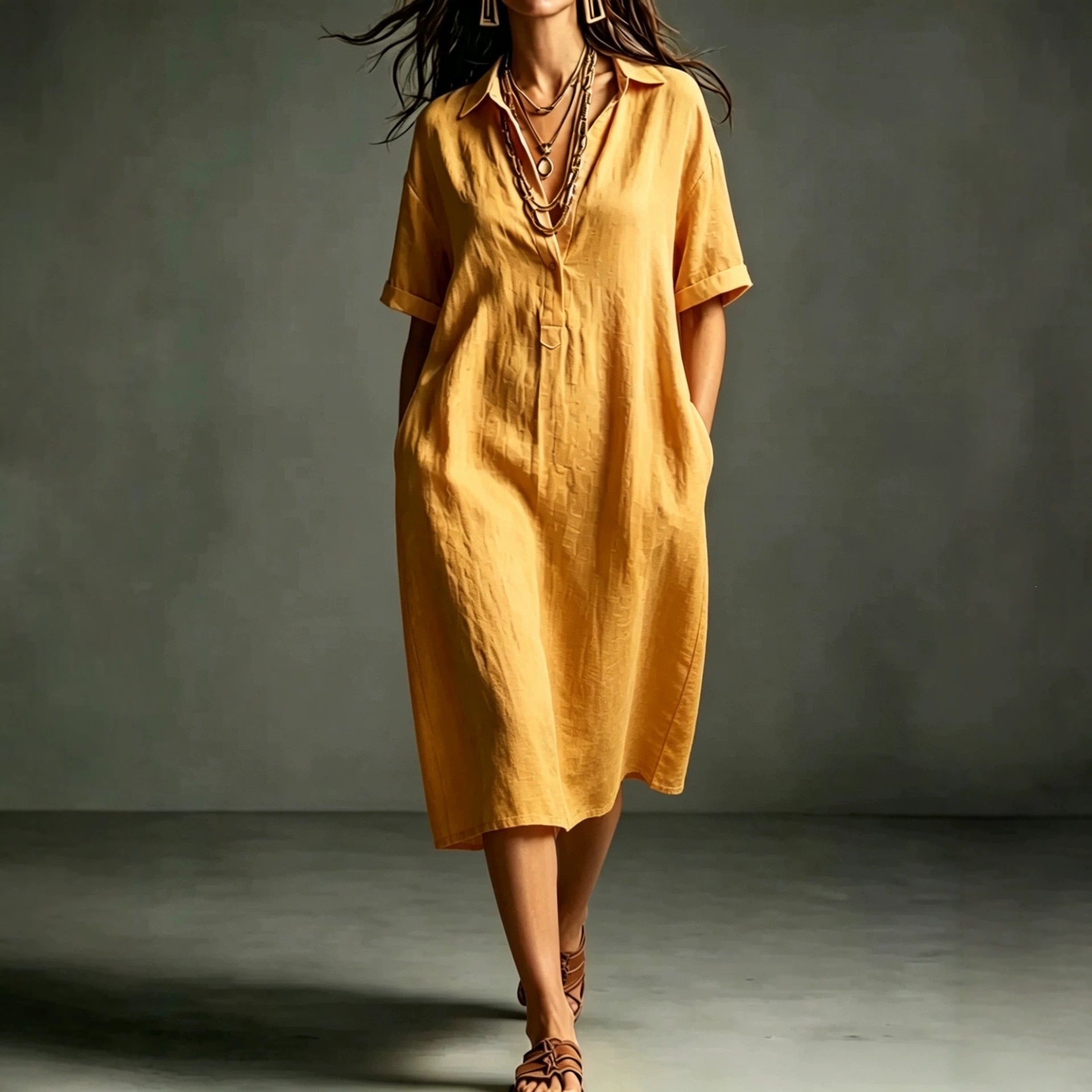Ärmelloses V-Neck Kleid mit Taschen