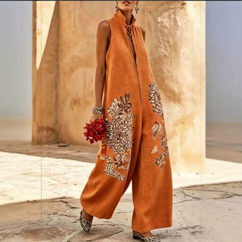 Ärmelloser Baumwoll-Leinen Jumpsuit mit Stehkragen