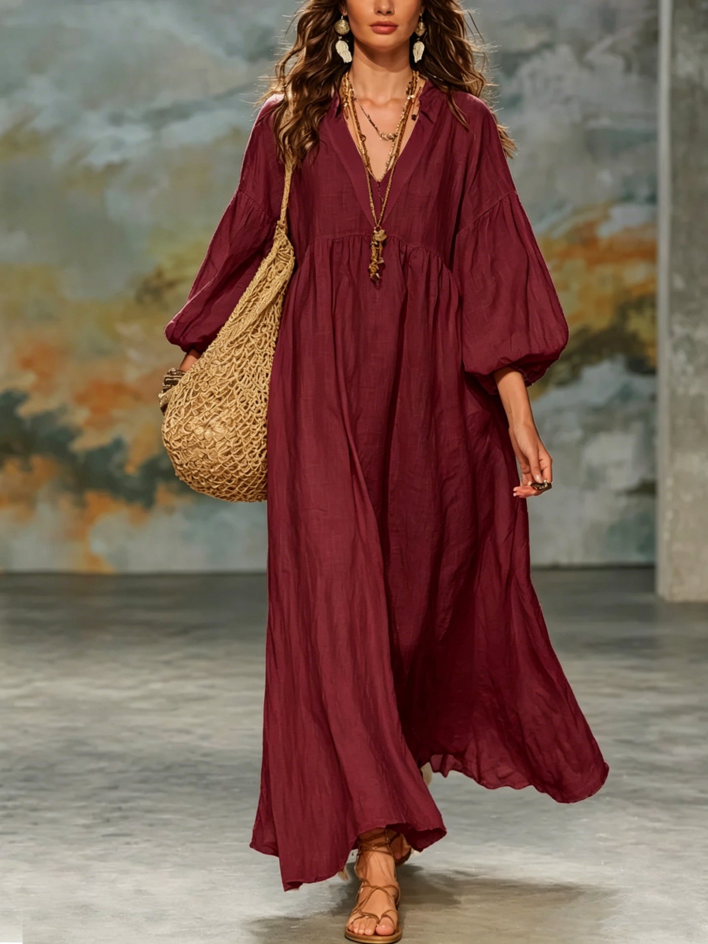 Deep-V-Kleid mit Laternenärmeln