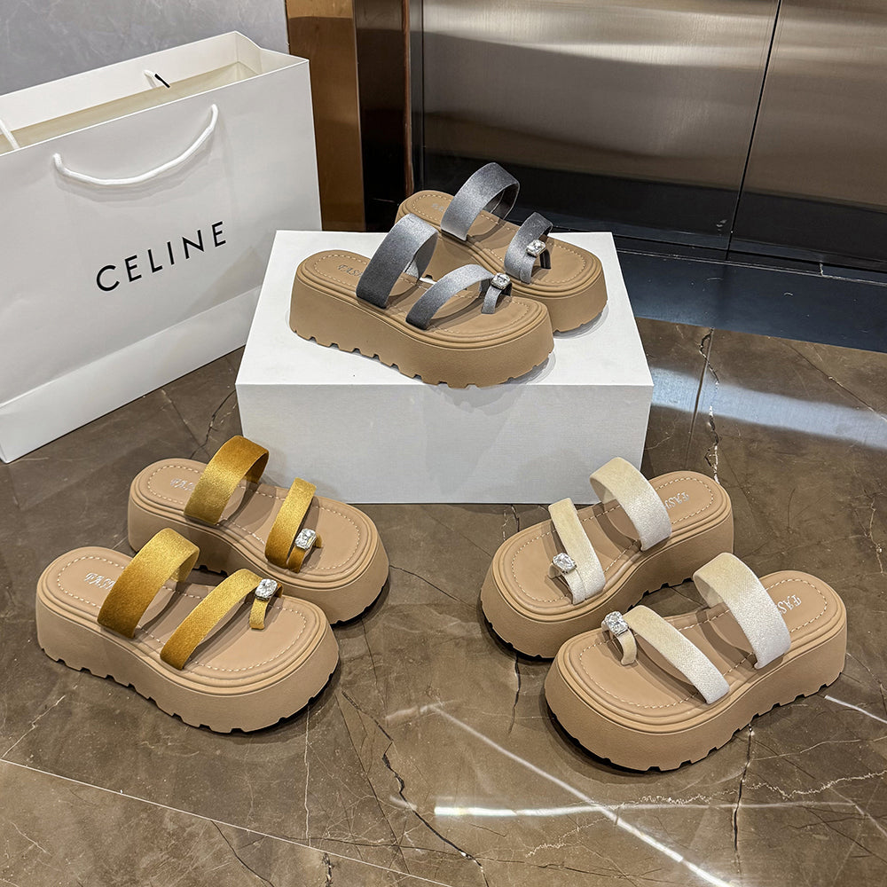 Plateau Zehensteg-Sandalen mit Strass