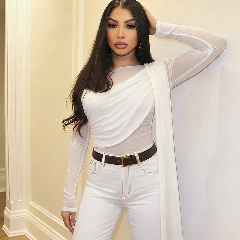 Off-Shoulder Mesh Langarmshirt