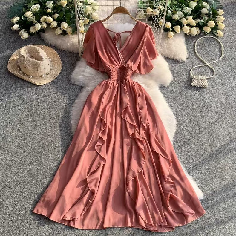 Chiffon Maxikleid mit V-Ausschnitt und Volants