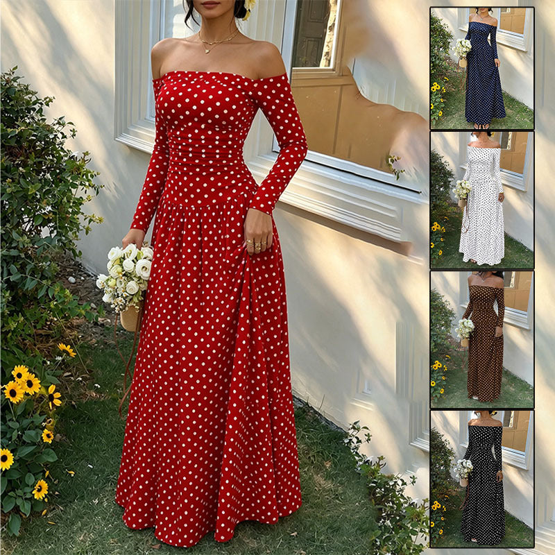 Off-Shoulder Polka-Dot Maxikleid