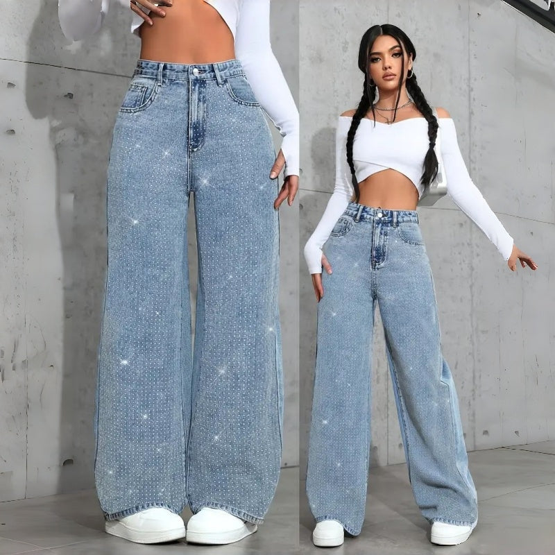 Weite Mid-Waist Jeans mit Rhinestones