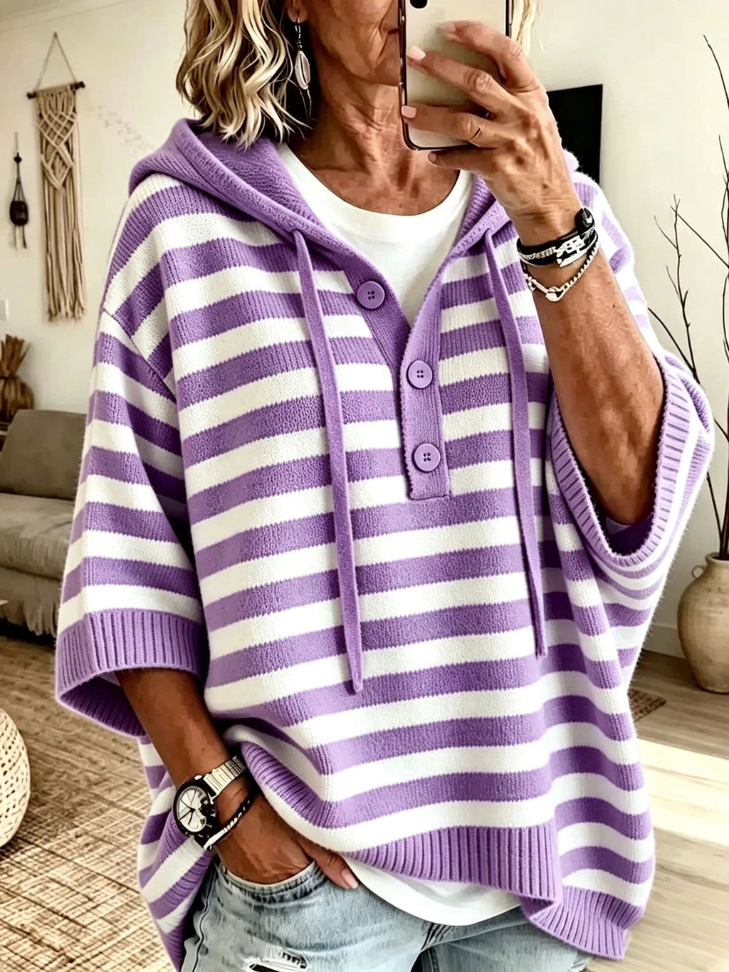 Kapuzen-Strickpullover mit Kordelzug