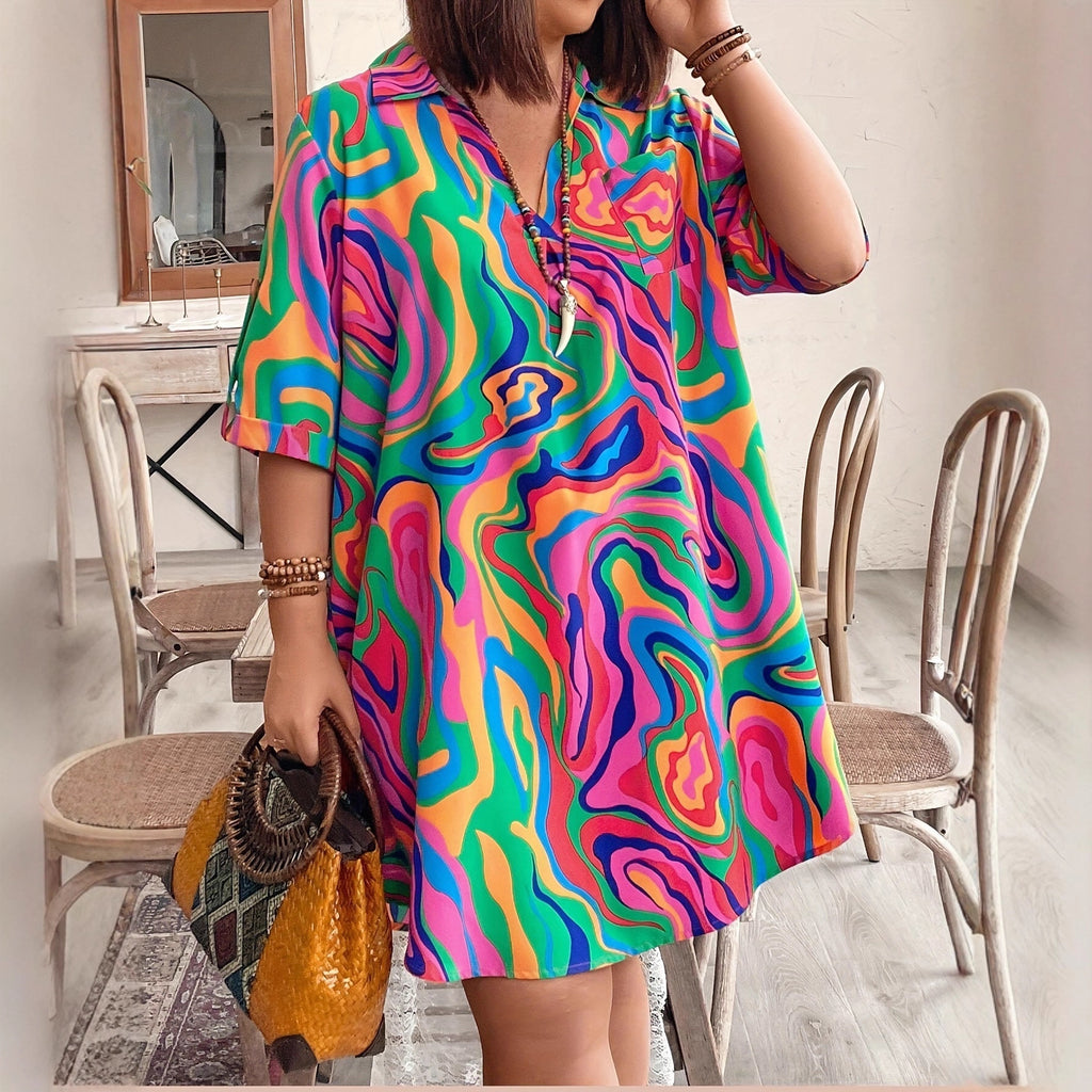V-Ausschnitt lockeres Tie-Dye-Kleid bis Knie – Bild 2 | LuxeStyle