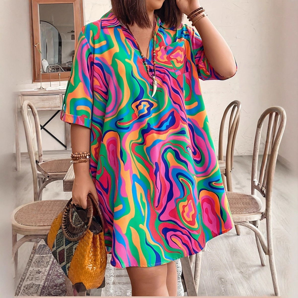V-Ausschnitt lockeres Tie-Dye-Kleid bis Knie – Bild 2 | LuxeStyle