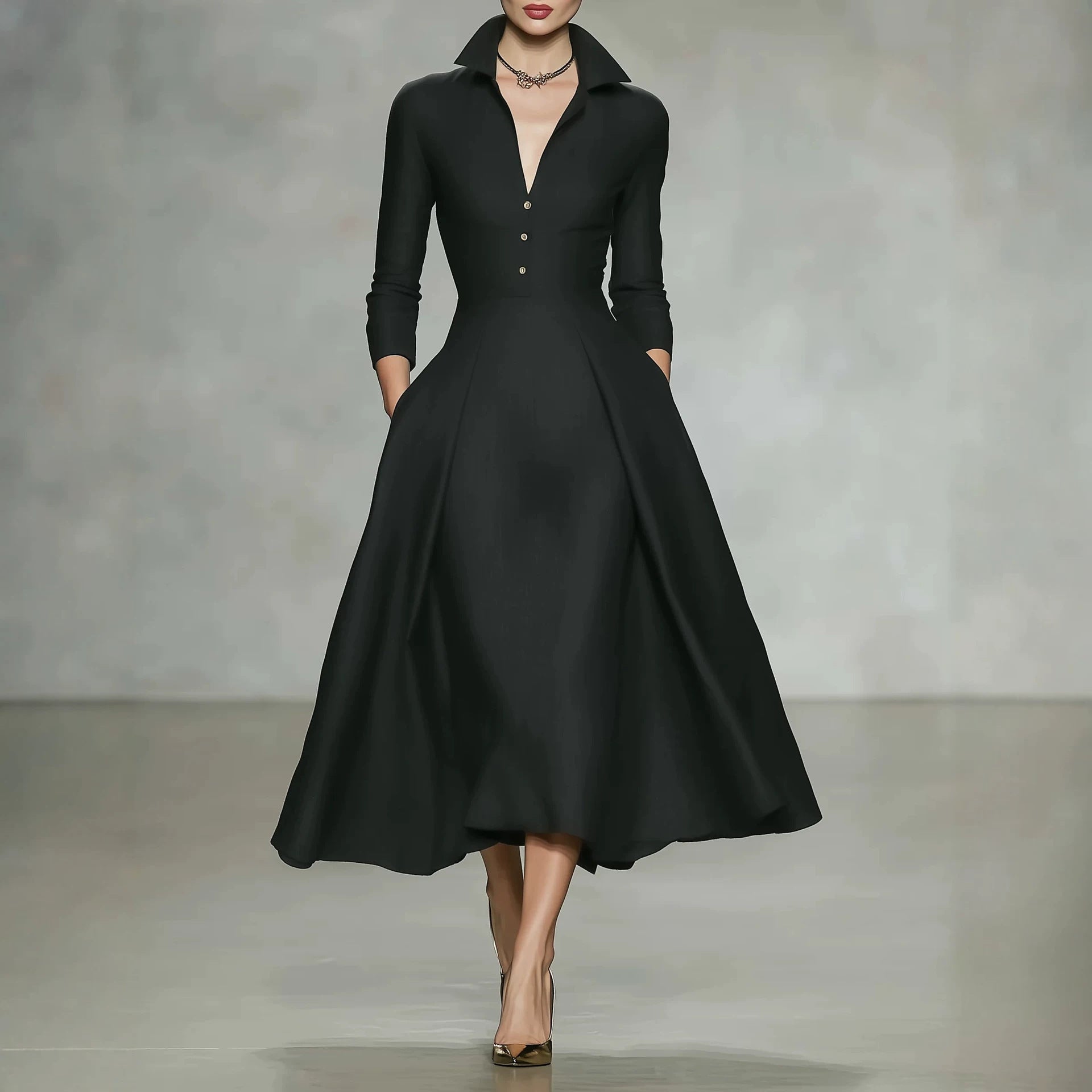 Tailliertes Langarm-Midikleid mit V-Ausschnitt