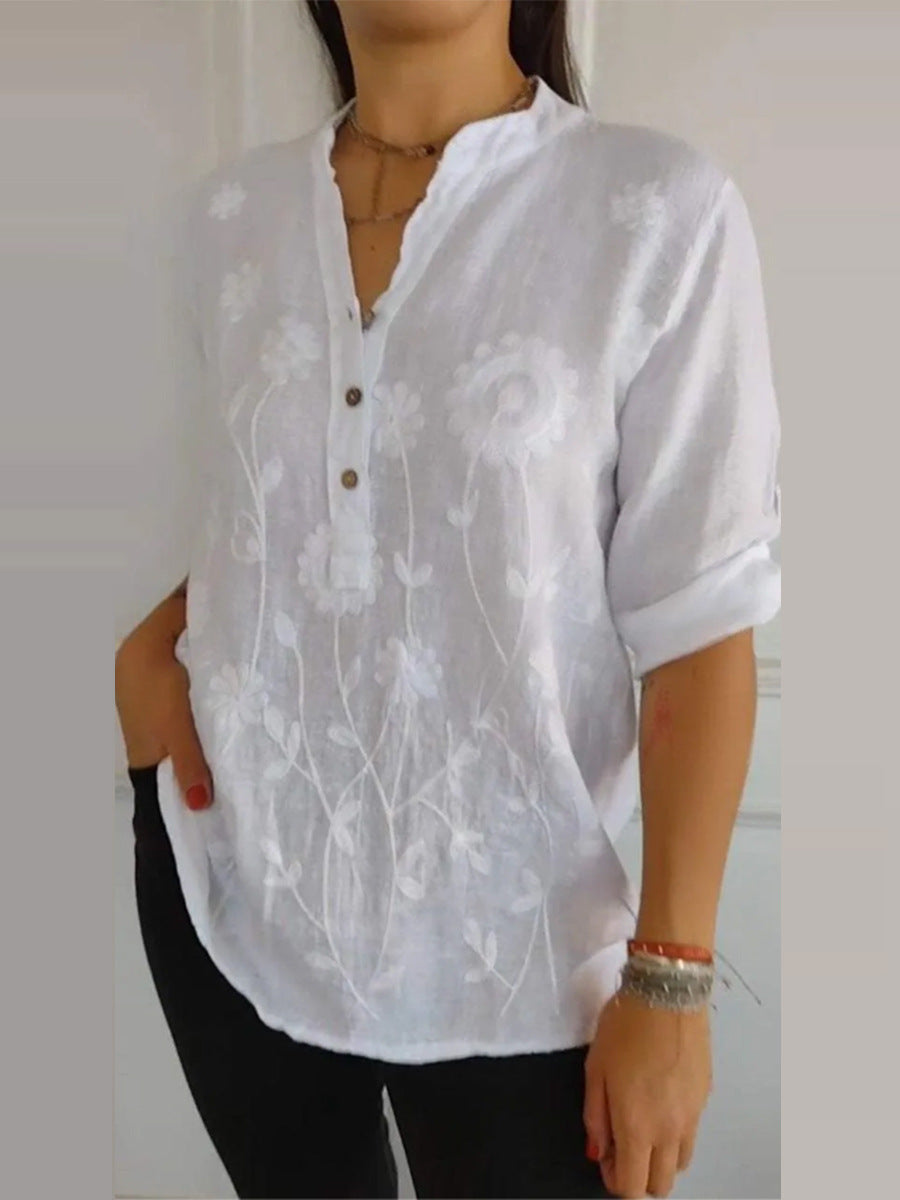 Damen Langarmshirt mit V-Ausschnitt und Stickerei – Bild 2 | LuxeStyle
