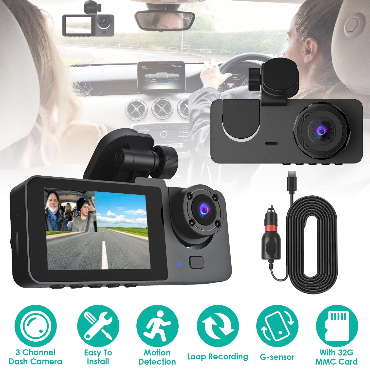 3-Kanal-Dashcam mit Bewegungsmelder