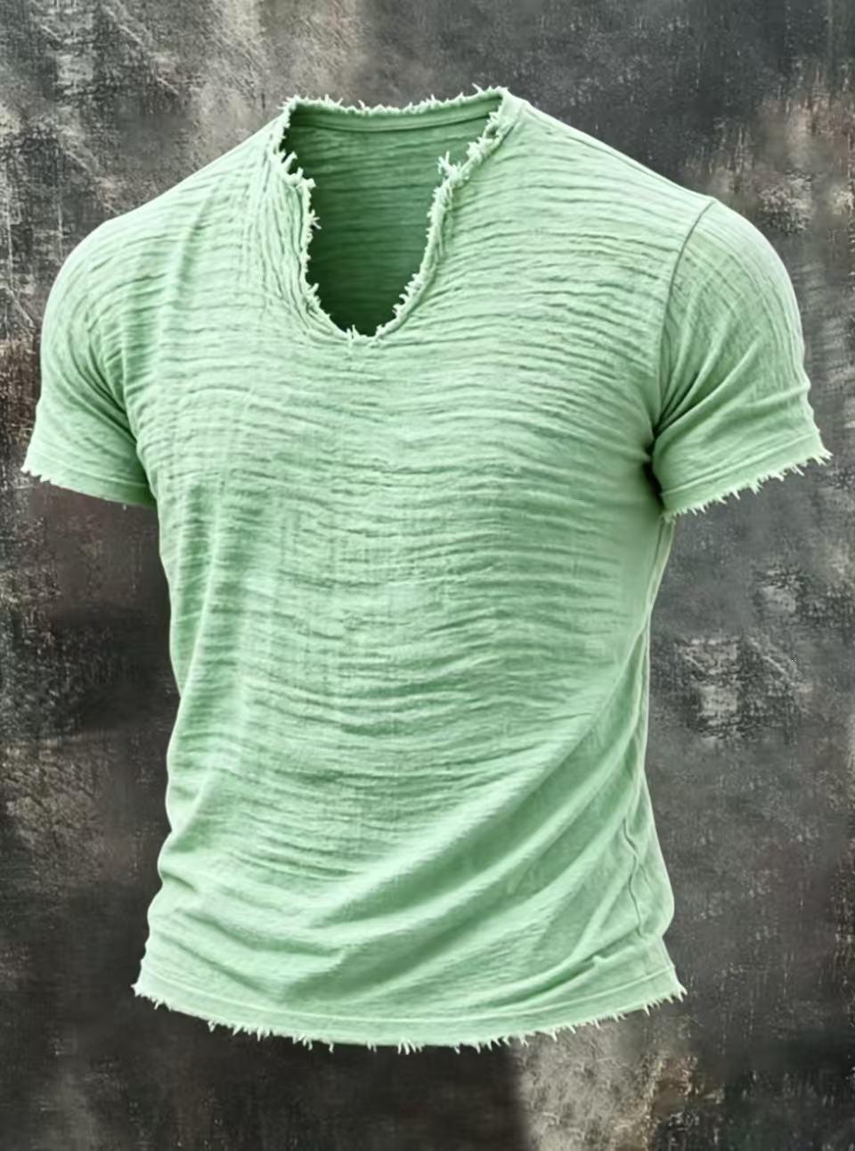 Retro Baumwoll-Leinen T-Shirt mit V-Ausschnitt