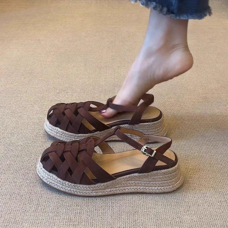 Keilsandalen aus Leinen mit Lederfutter