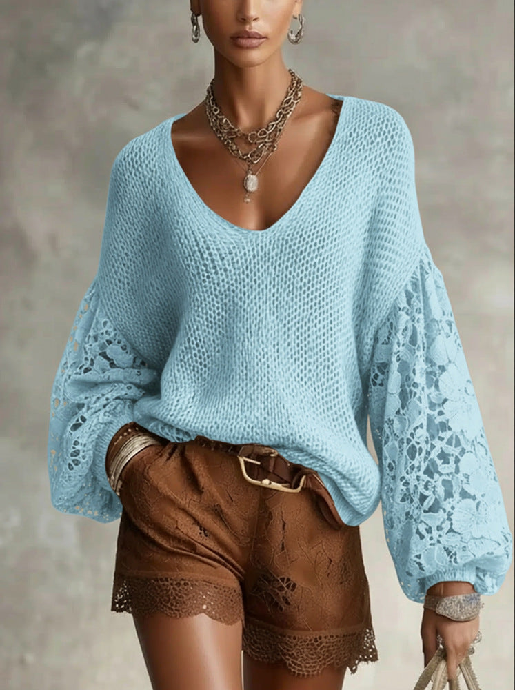 Eleganter Strickpullover mit Spitzen-Puffärmeln