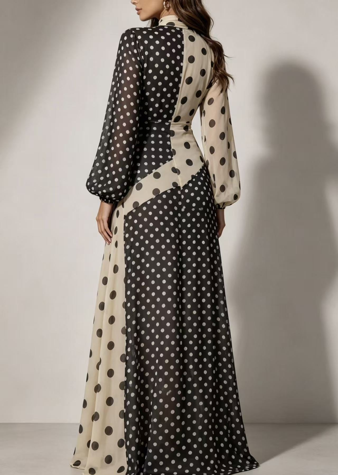 Off-Shoulder Polka-Dot Midi-Kleid mit Patchwork