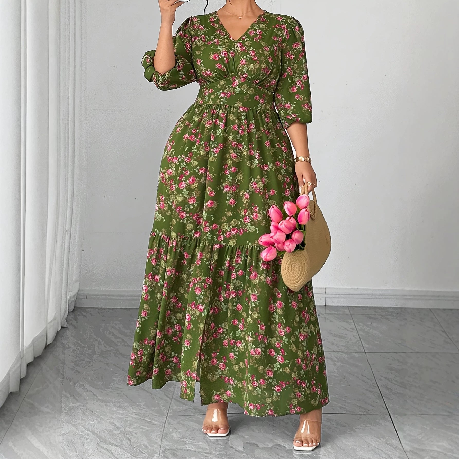 Elegantes V-Ausschnitt Midikleid mit Blumenmuster