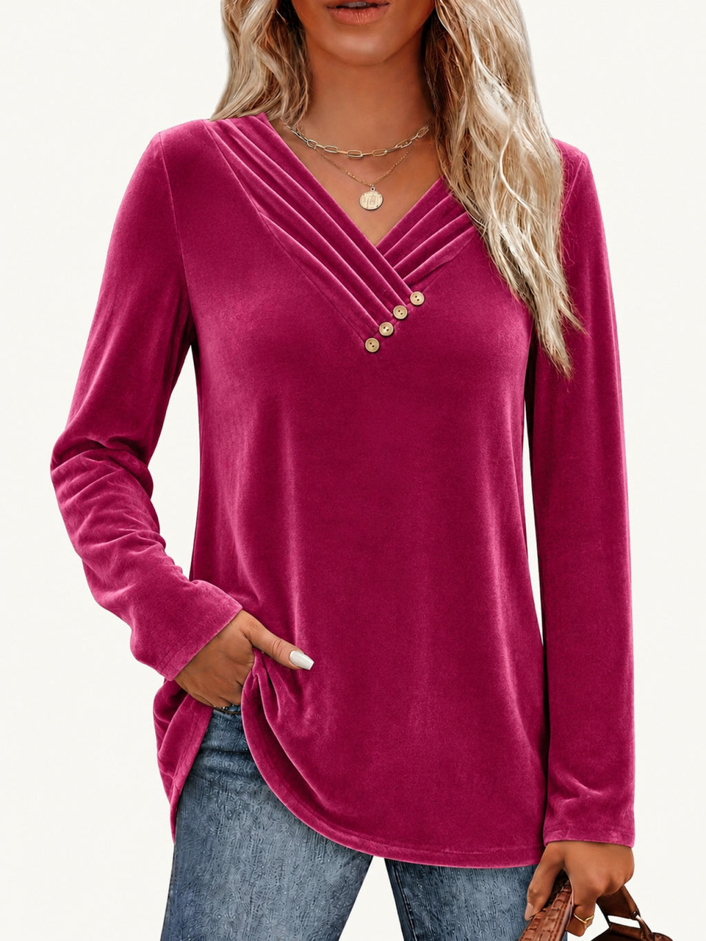 Einfarbiges Langarm-Shirt mit V-Ausschnitt für Damen