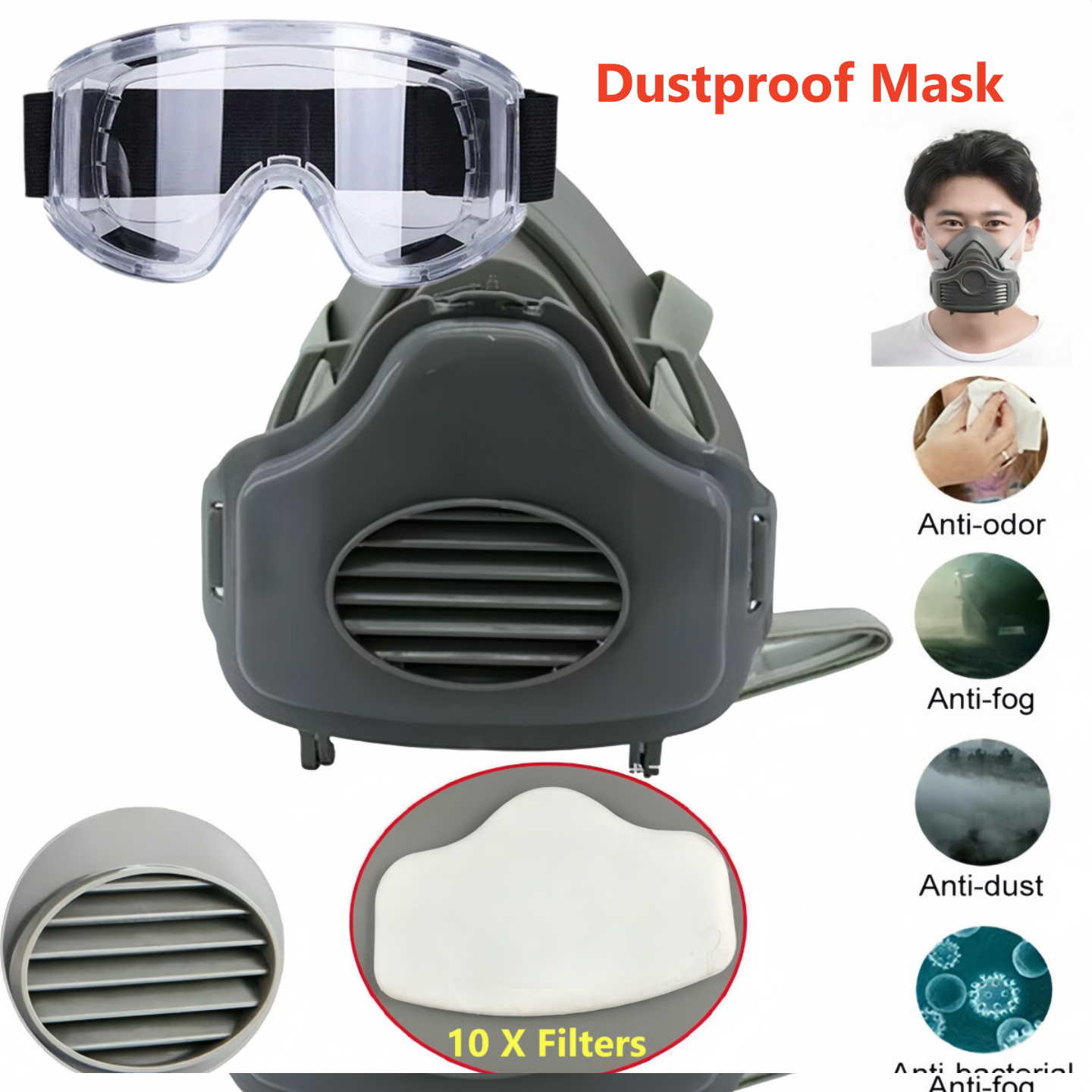 Atemschutzmaske 3200 mit 10 Filtern und Schutzbrille