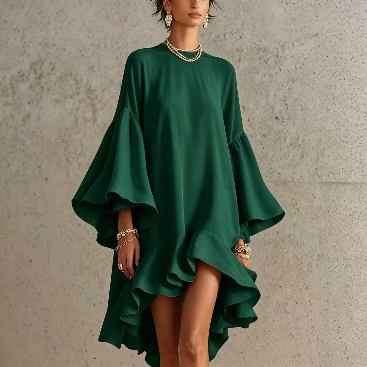 Asymmetrisches Chiffonkleid mit Puffärmeln – Bild 10 | LuxeStyle