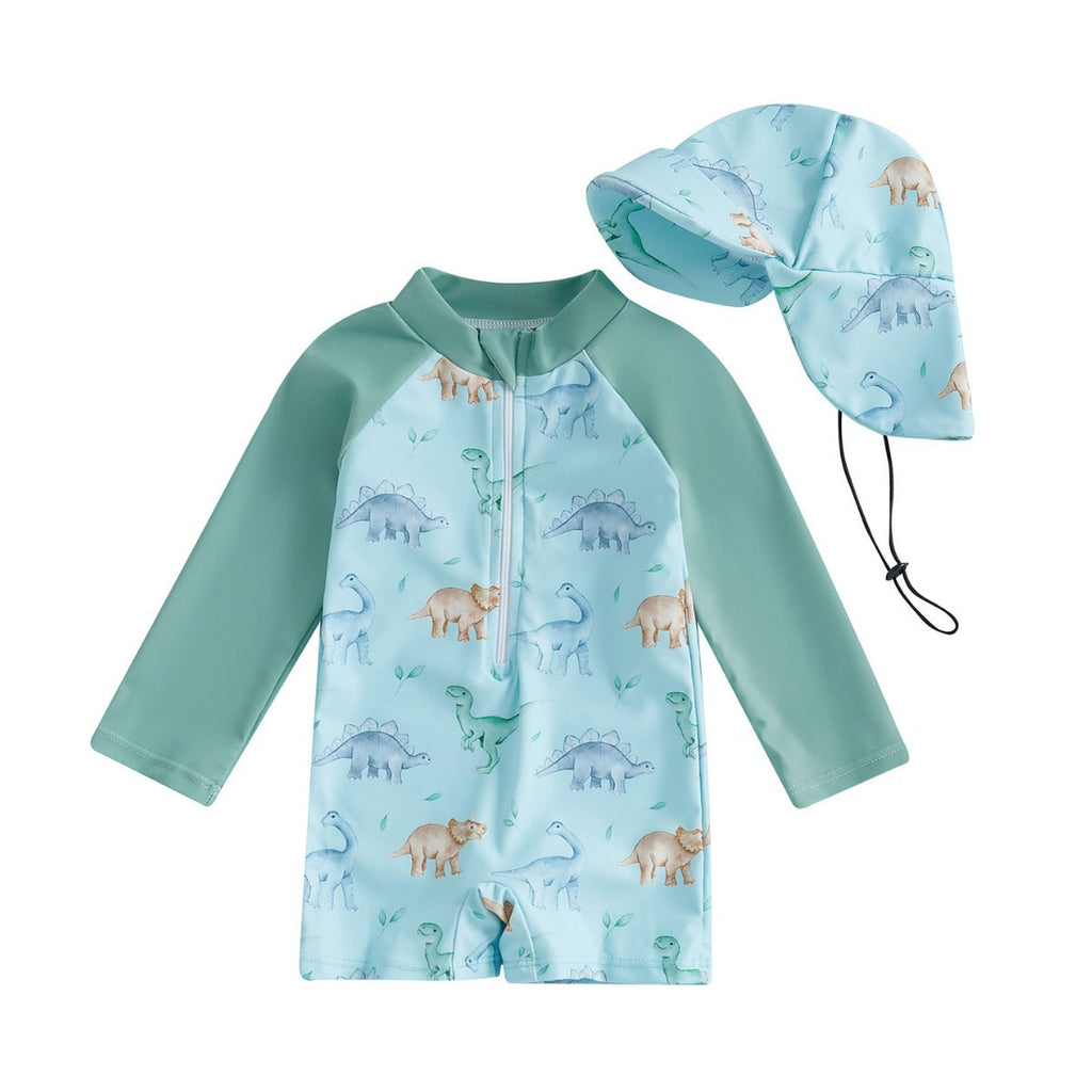 Kinder Badeanzug mit langen Ärmeln – Weiss-Blau, Dinosauriergrün – Bild 2 | LuxeStyle