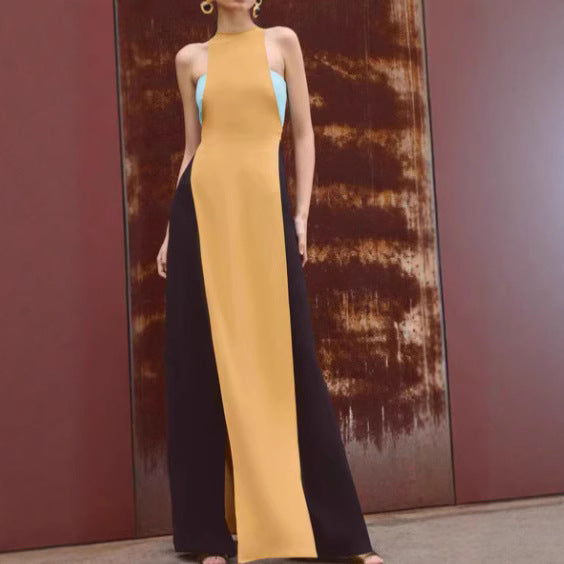 Langes Damenkleid mit Patchwork, ärmellos