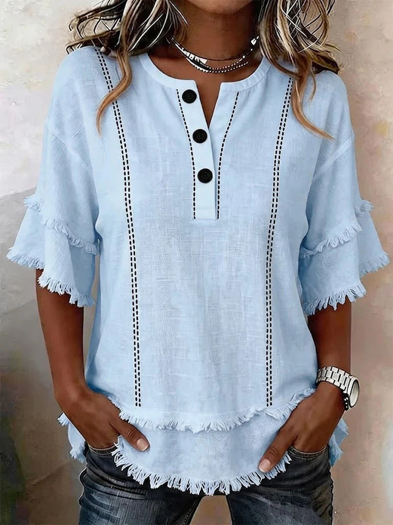Bedrucktes Henley-Shirt mit Knopfleiste & Raw-Hem
