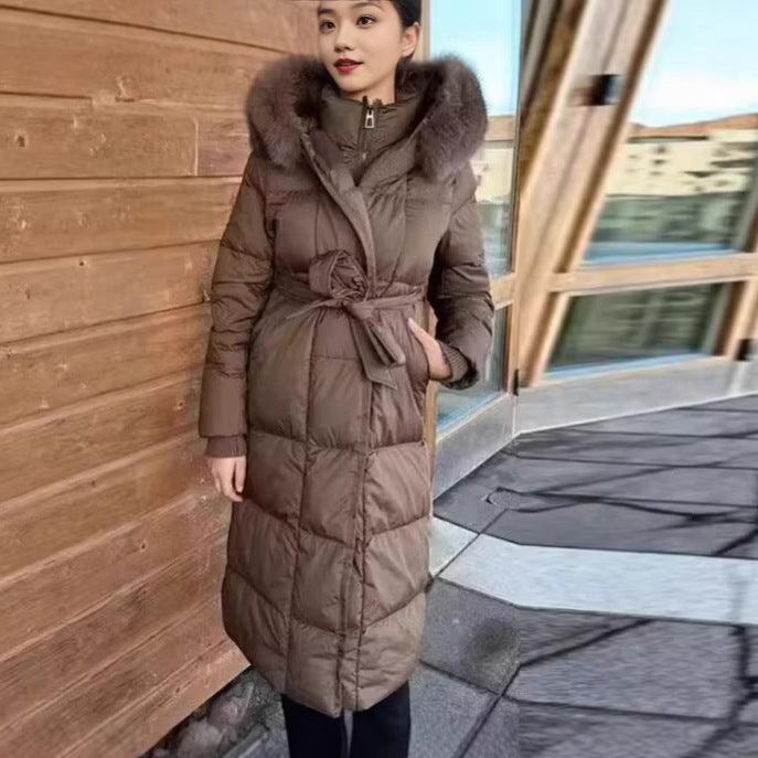 Langmantel mit Fellkragen in Camel | LuxeStyle