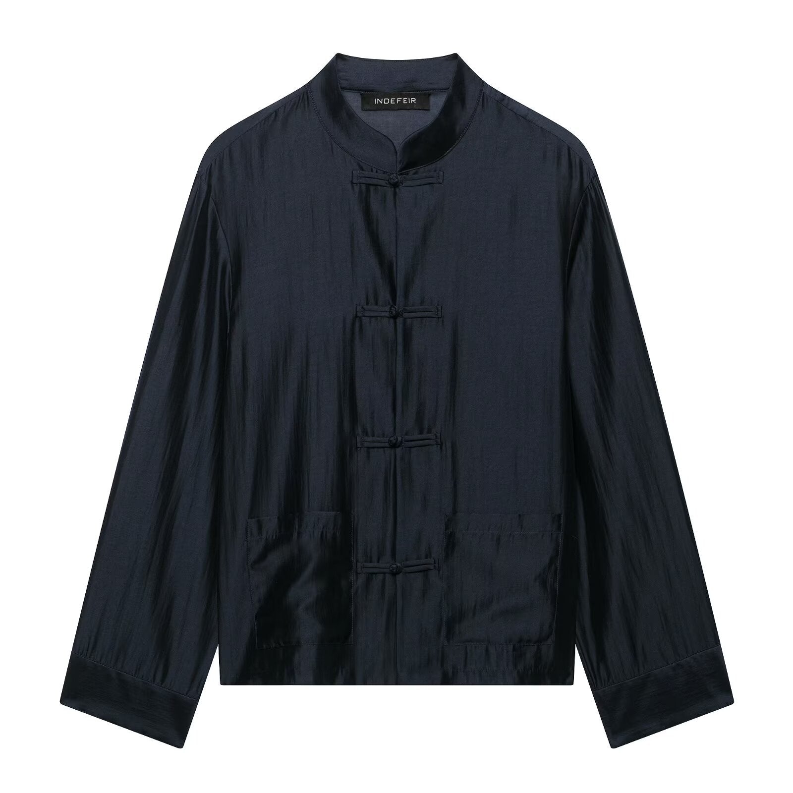 Satinbluse mit Stehkragen und Schleifen-Detail