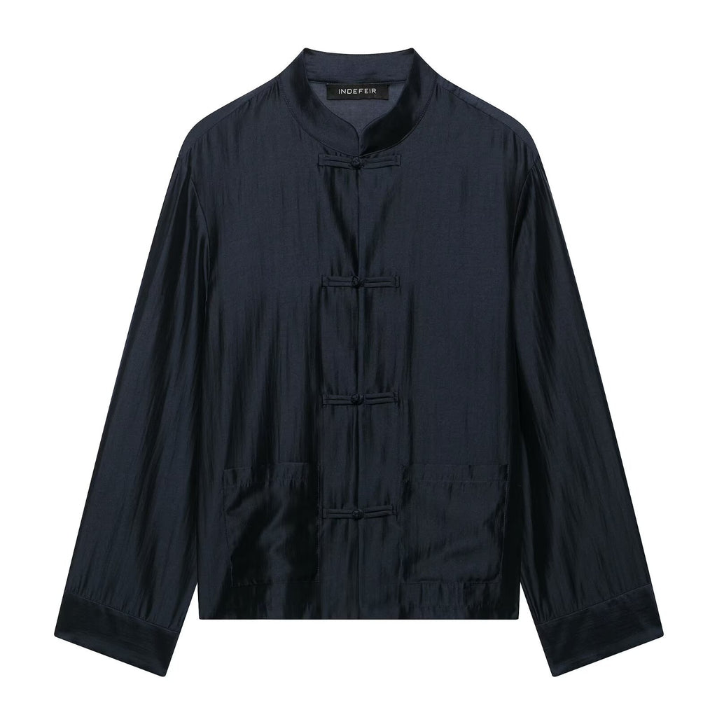 Elegante Satinbluse mit Mandarin-Kragen – Ansicht 2