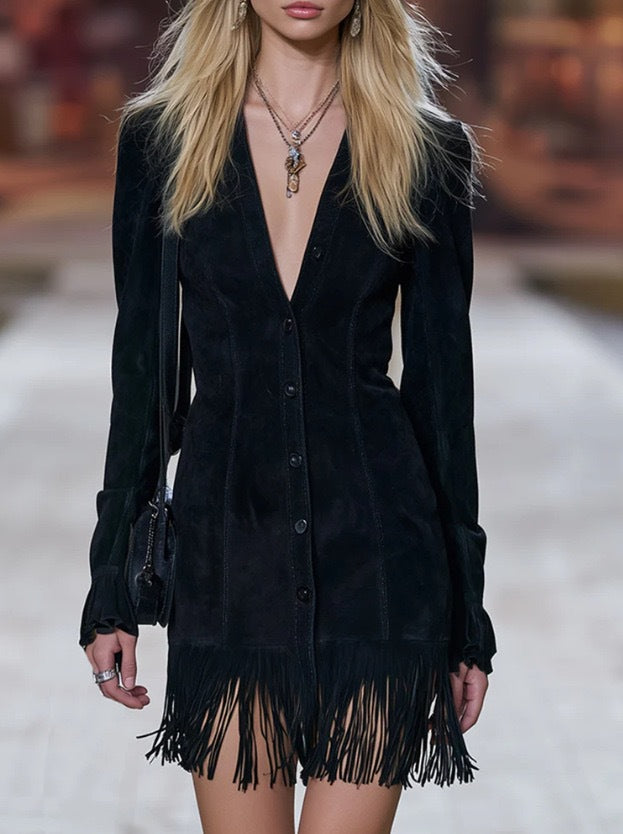 V-Ausschnitt Langarm Tassel Mini-Rock