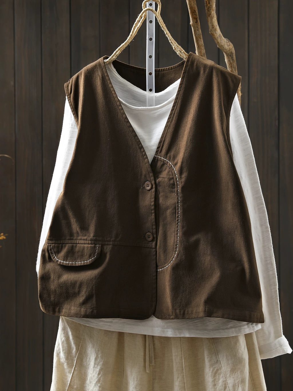 V-Neck Weste aus Baumwoll-Leinen-Mix