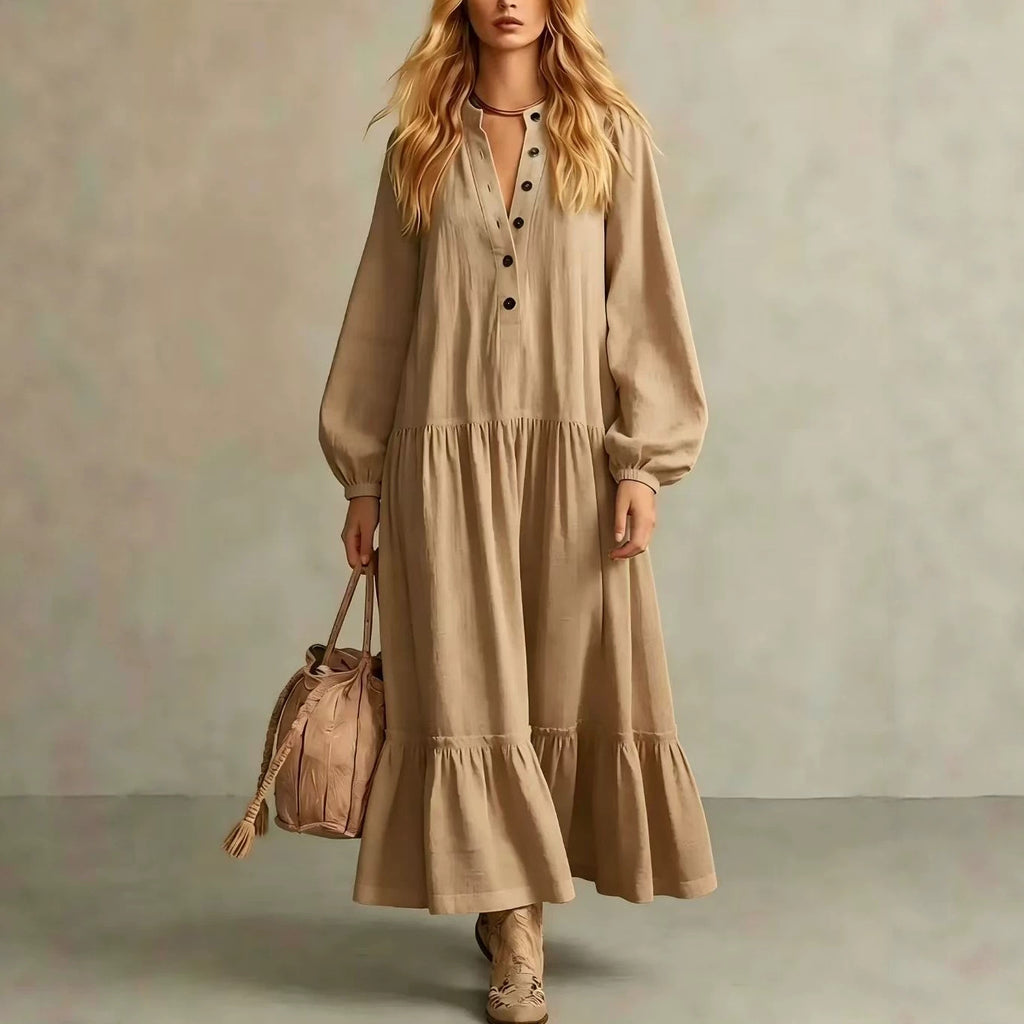 Langes Baumwoll-Leinenkleid mit Stehkragen – Bild 5 | LuxeStyle