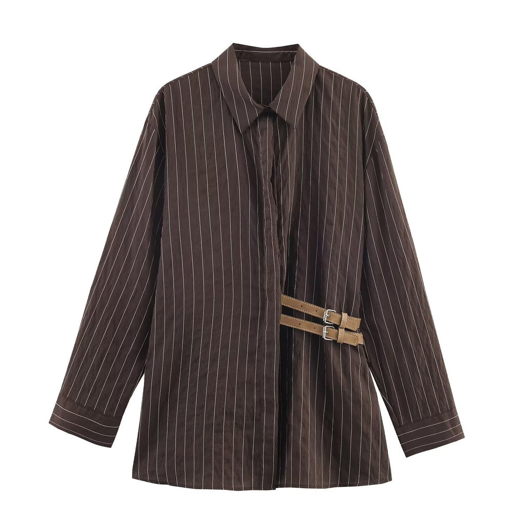 Gestreiftes Langarmhemd mit Schnallen-Dekor – Bild 3 | LuxeStyle