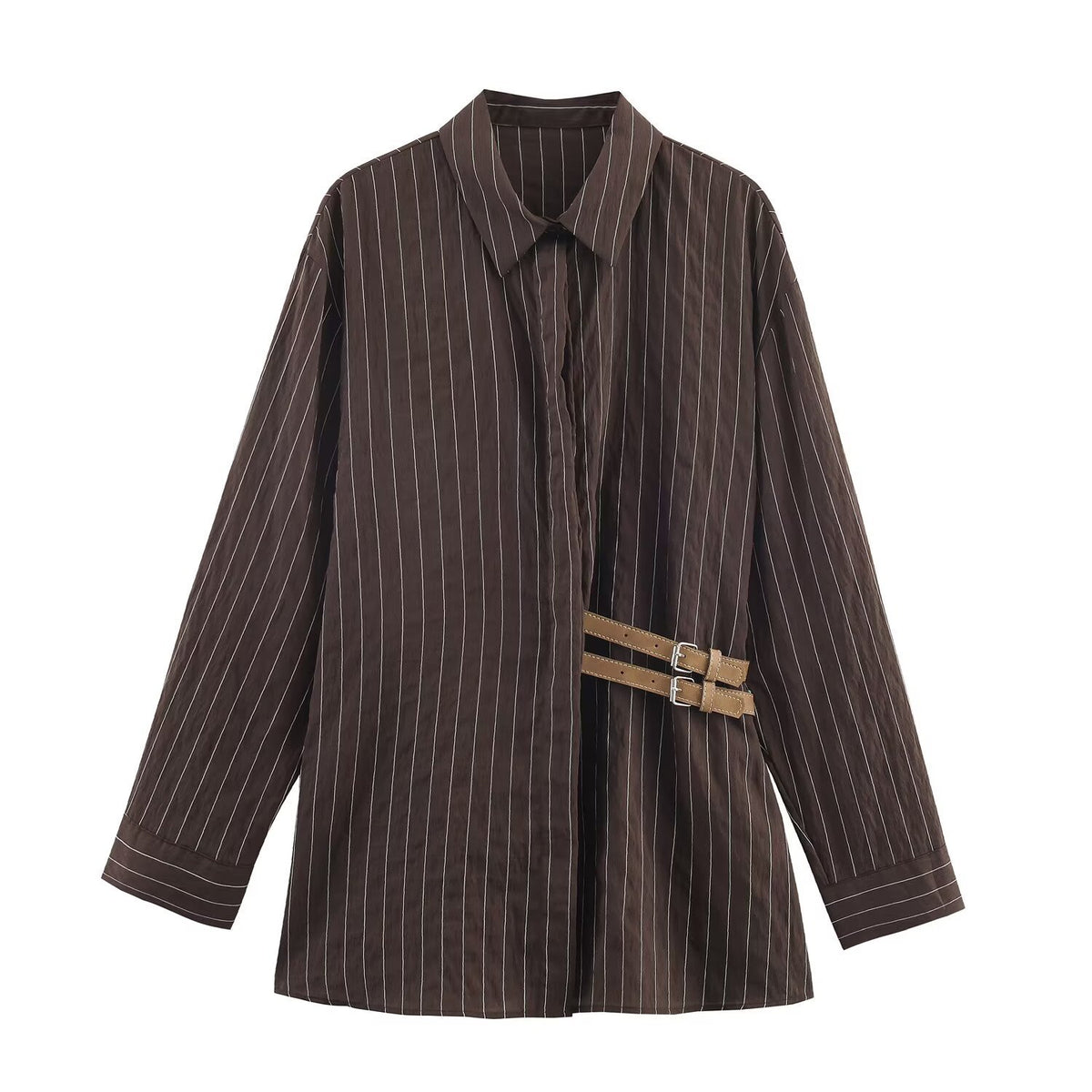 Gestreiftes Langarmhemd mit Schnallen-Dekor – Bild 5 | LuxeStyle