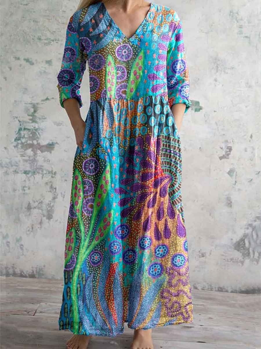 Elegantes 3D Digital-Print Langarm V-Ausschnitt Kleid – Bild 7 | LuxeStyle