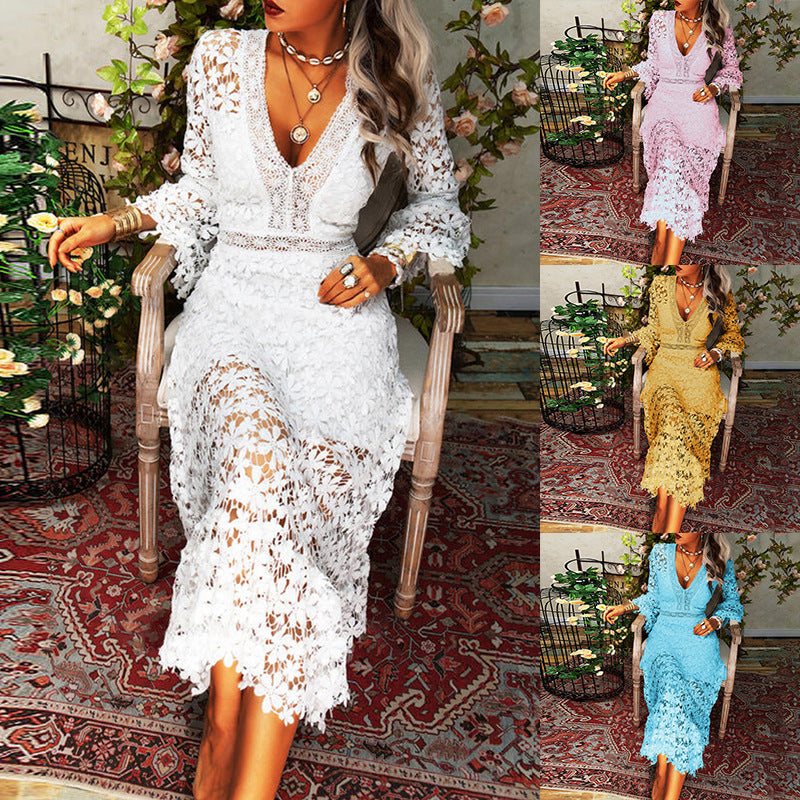 Elegantes Maxi-Spitzenkleid mit V-Ausschnitt – Bild 3 | LuxeStyle