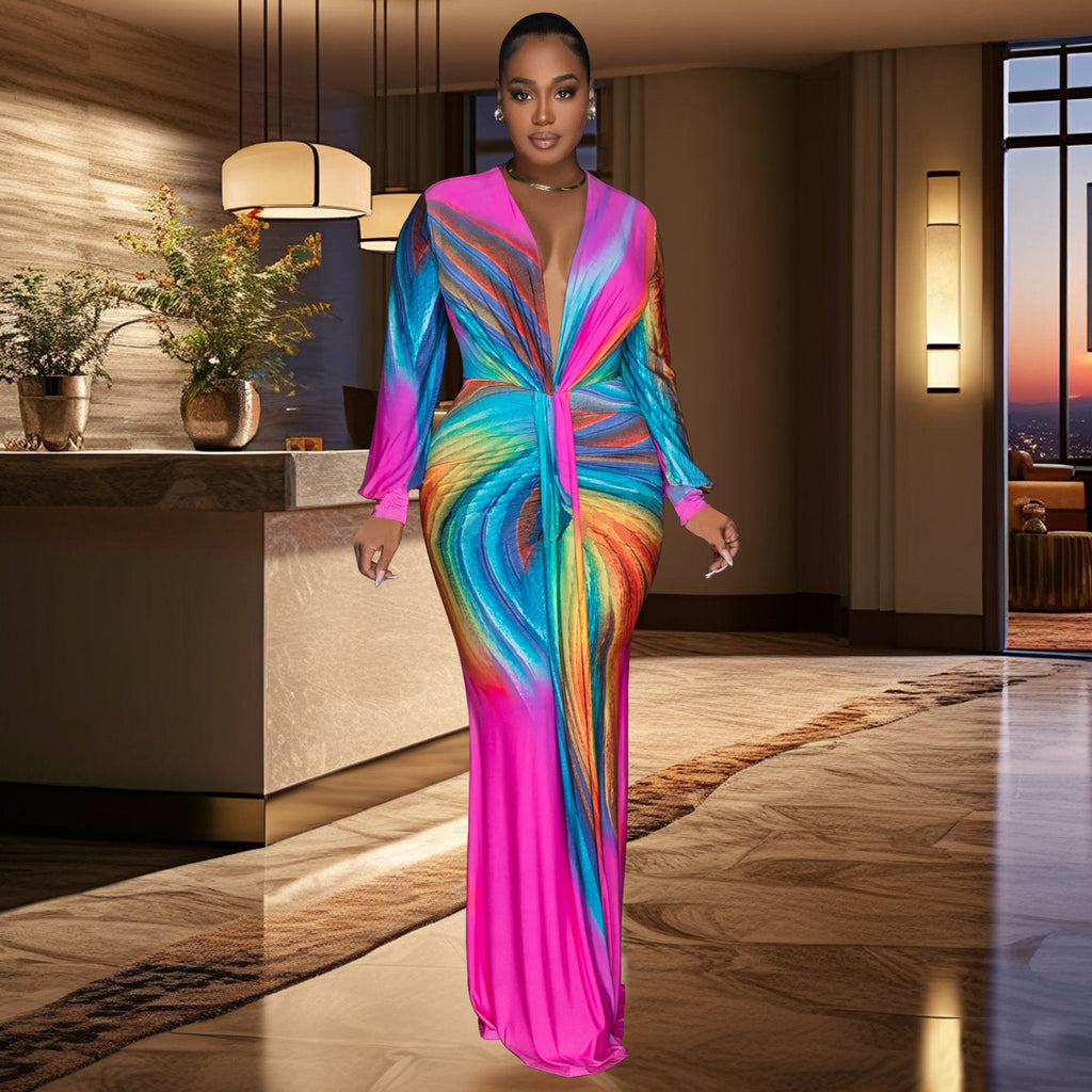 Tie-Dye Maxikleid mit tiefem V-Ausschnitt