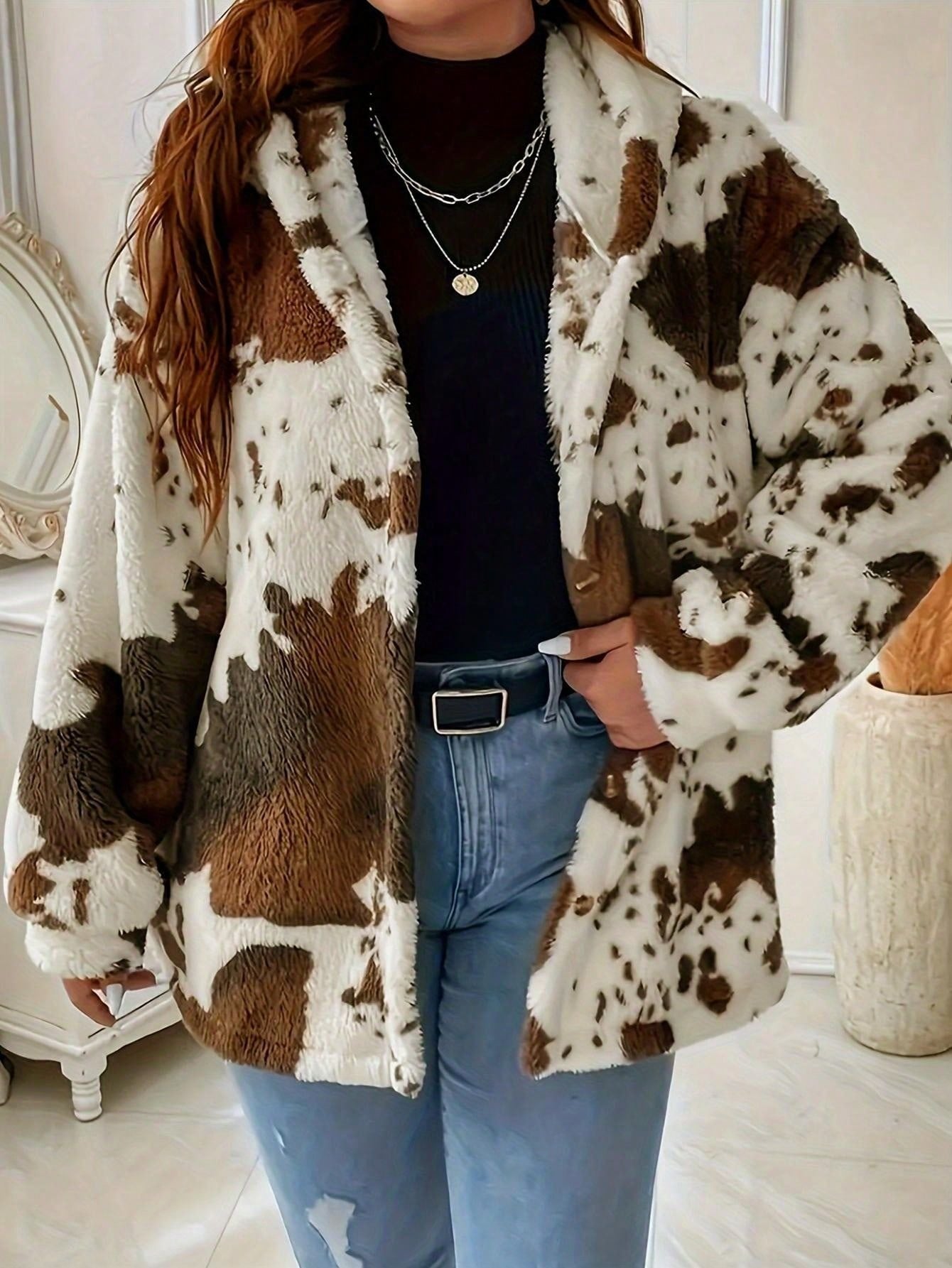 Kuhfell-Plüschjacke mit Knöpfen