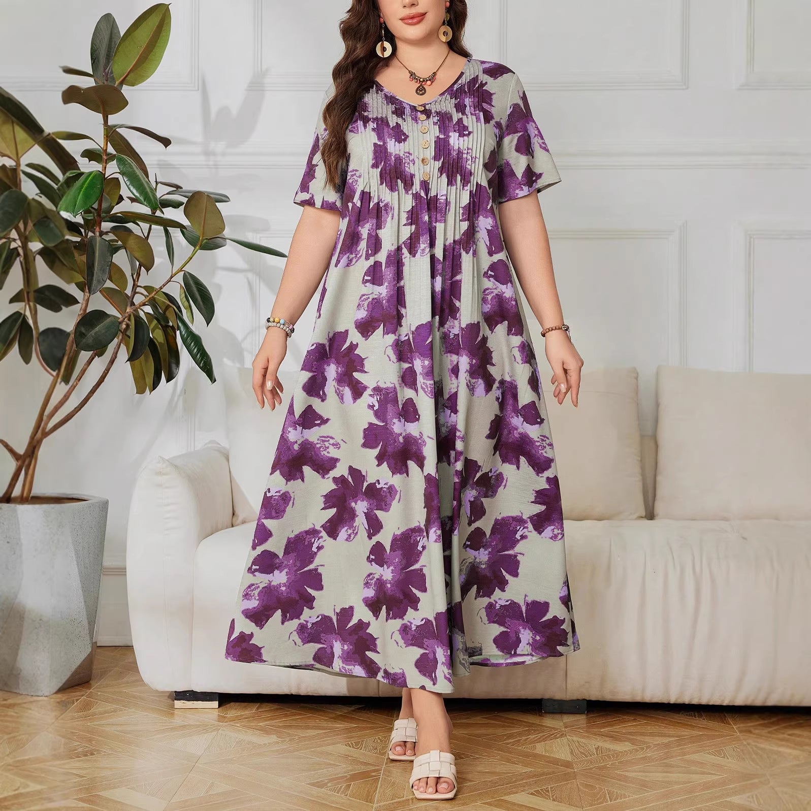 Bedrucktes V-Ausschnitt A-Linien Kleid