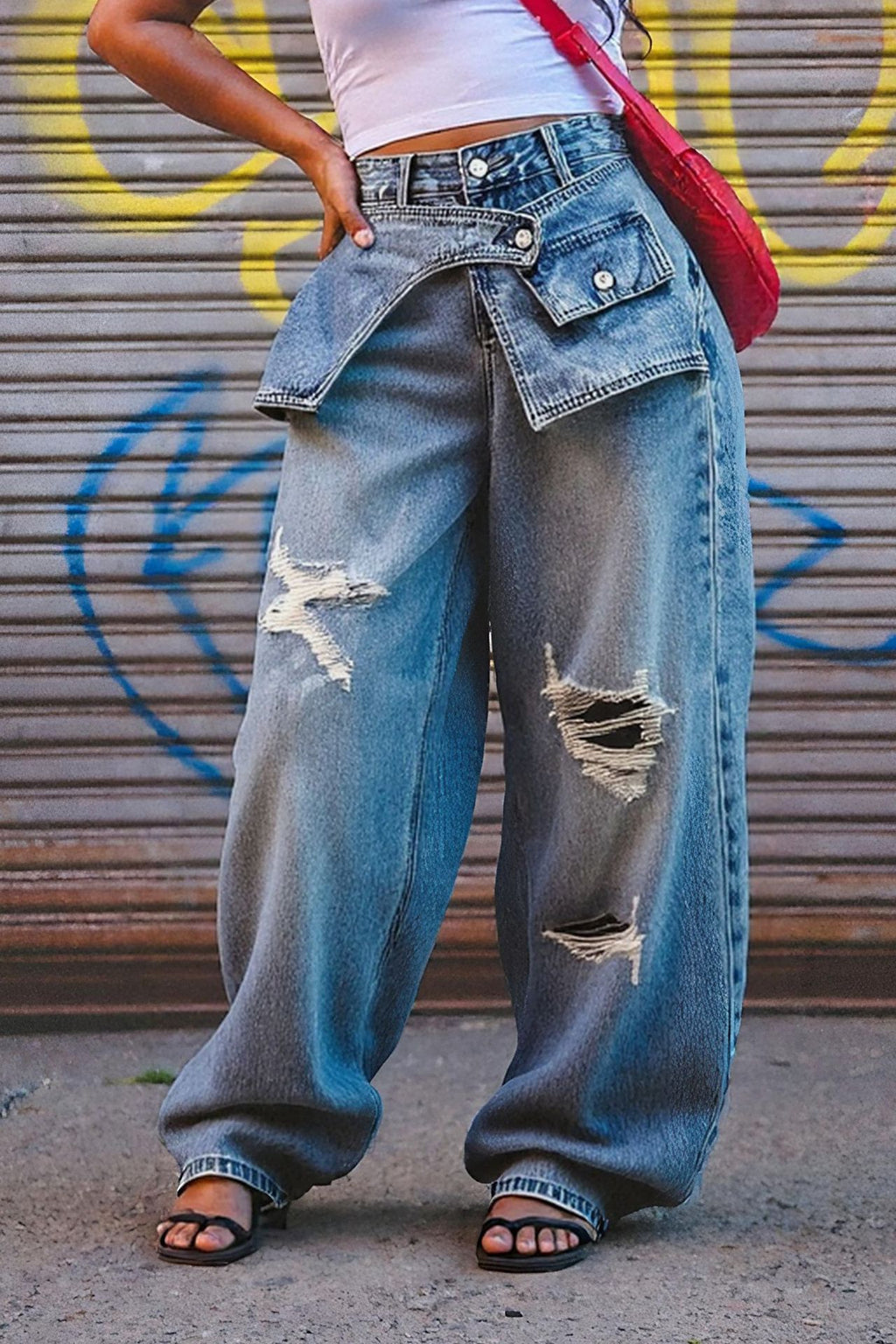 Damen Ripped Straight-Leg Jeans Blau Mid-Rise