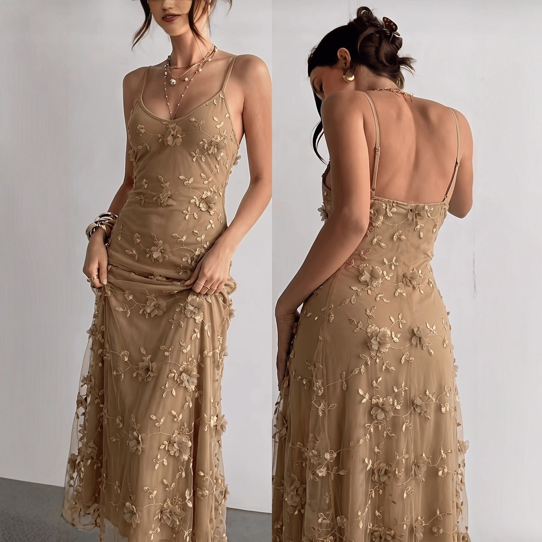 Besticktes Mesh-Trägerkleid für Damen