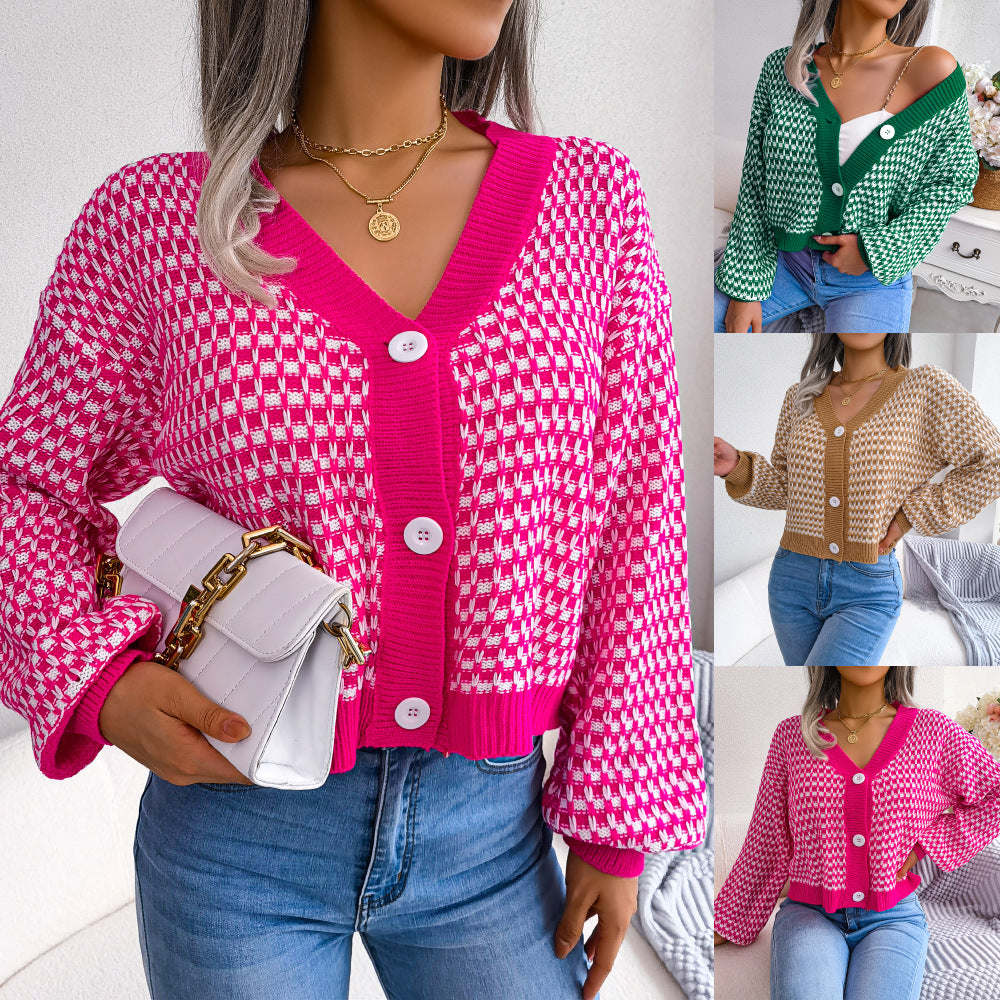 Cardigan mit Farbblock-Plaid und Puffärmeln