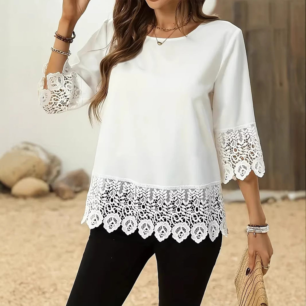 Spitzenbesetztes Patchwork T-Shirt mit Rundhals – Ansicht 5