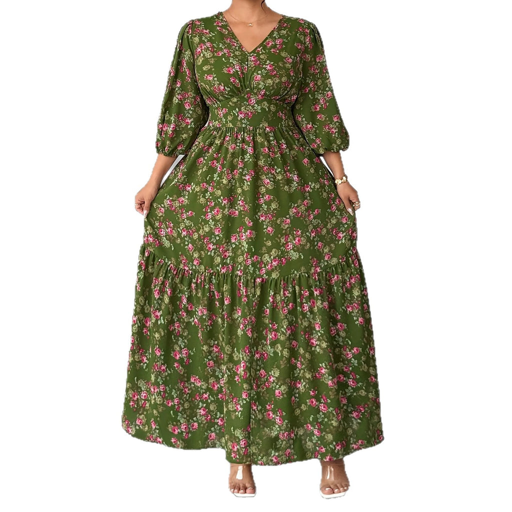 Elegantes V-Ausschnitt Midikleid mit Blumenmuster
