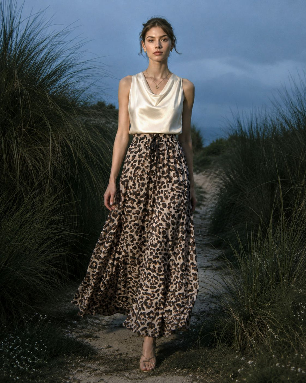 Langes Damen-Leopardenkleid mit elastischem Bund