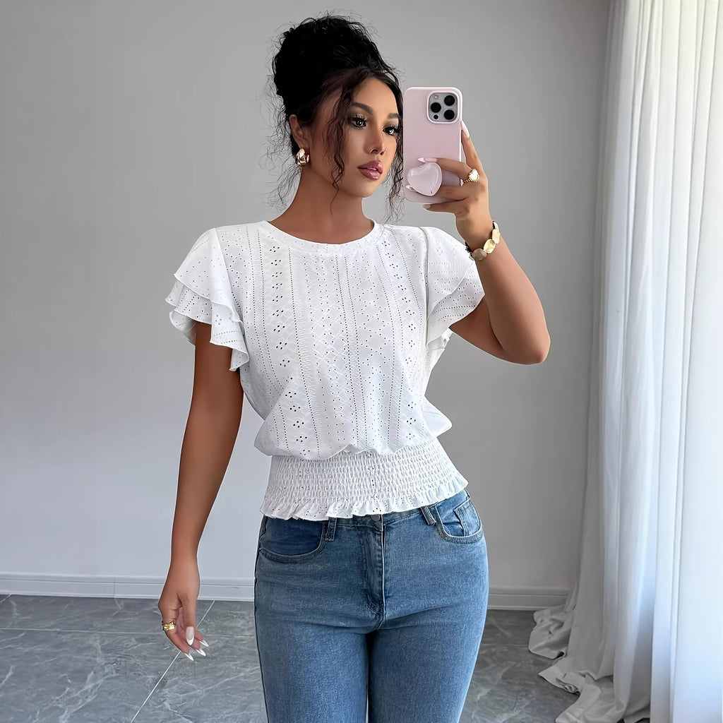 Damen Top mit Rundhals und Raffärmeln