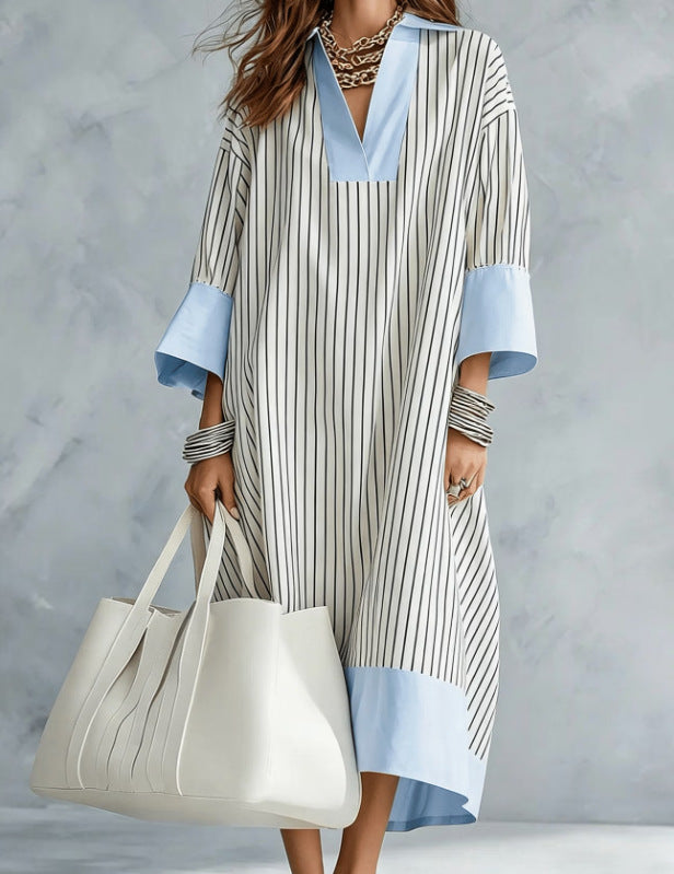 Gestreiftes A-Linien Kleid mit V-Ausschnitt – Bild 6 | LuxeStyle