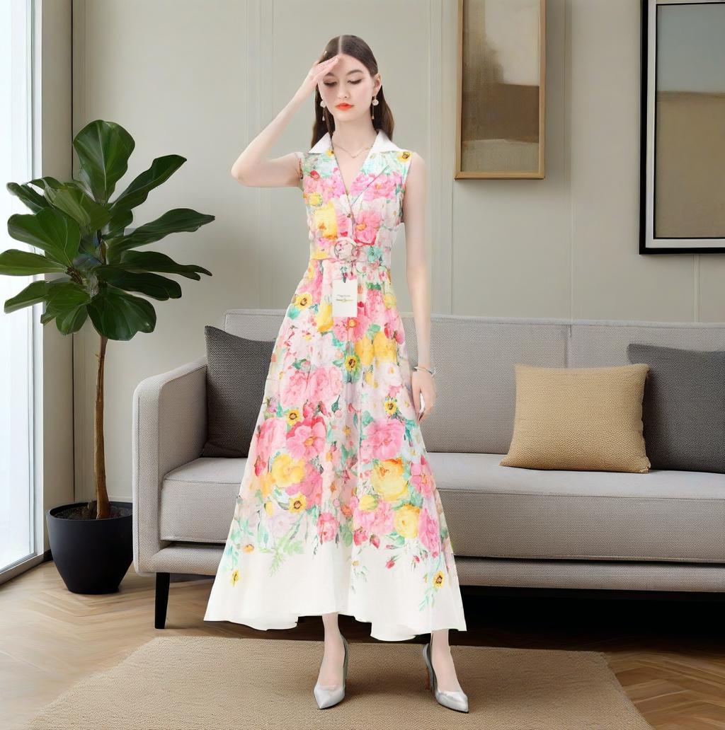 Ärmelloses Maxi-Kleid mit Spitze und Blumenprint