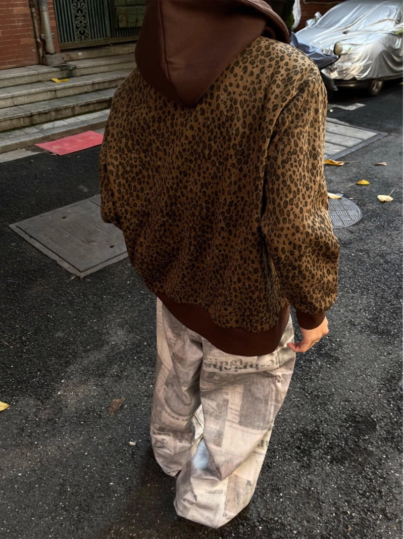 Retro Leopard-Print Cardigan mit Kapuze