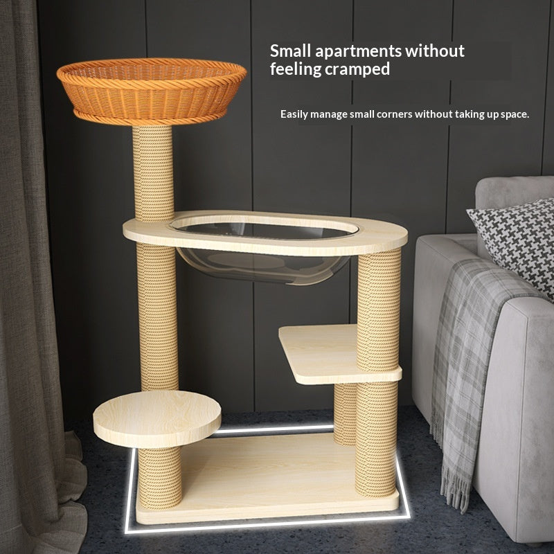 Massivholz-Katzenbaum mit Rattan-Bett