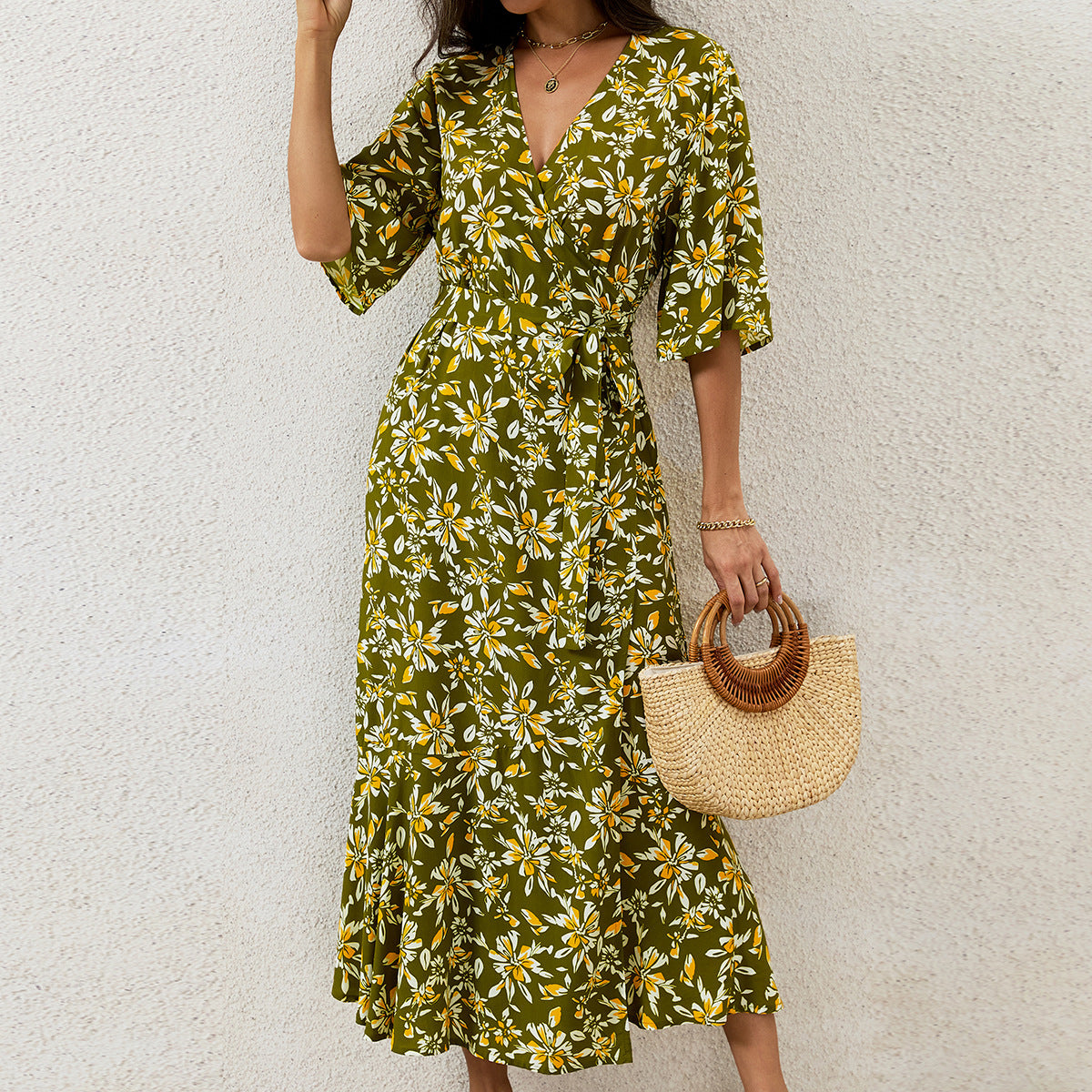Boho-Vintage Etuikleid mit halbem Arm